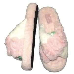 Ashley Snell Women's Pink White Cross Band Plush Slippers Size 9